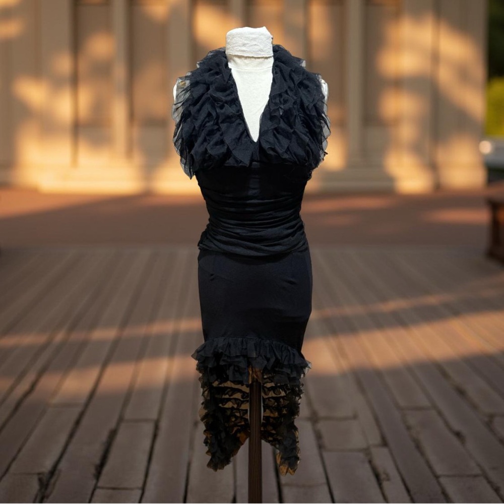 Chic Black Ruffled Midi Dress size small 2 piece